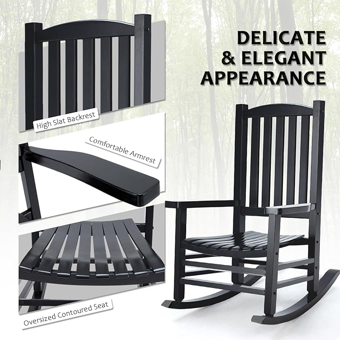 Wooden Rocking Chair Outdoor Oversized Porch Rocker Chair,Patio Wooden Rocker with High Back and Armrest,All Weather Rocker Slatted for Backyard,Garden,400 lbs Support,Black