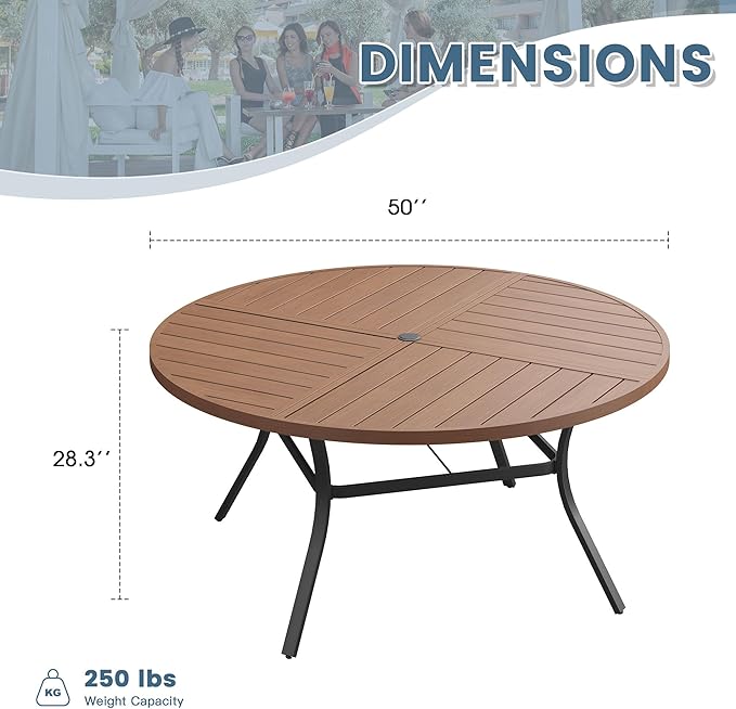 DIFY 50" Round Outdoor Patio Dining Table for 6, All-Weather Metal Steel Slatted Patio Table with 1.57" Adjustable Umbrella Hole, for Lawn Garden Porch Backyard, Walnut