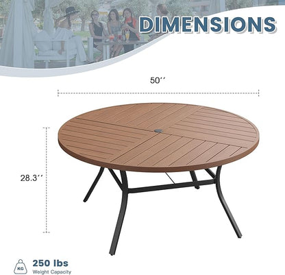 DIFY 50" Round Outdoor Patio Dining Table for 6, All-Weather Metal Steel Slatted Patio Table with 1.57" Adjustable Umbrella Hole, for Lawn Garden Porch Backyard, Walnut