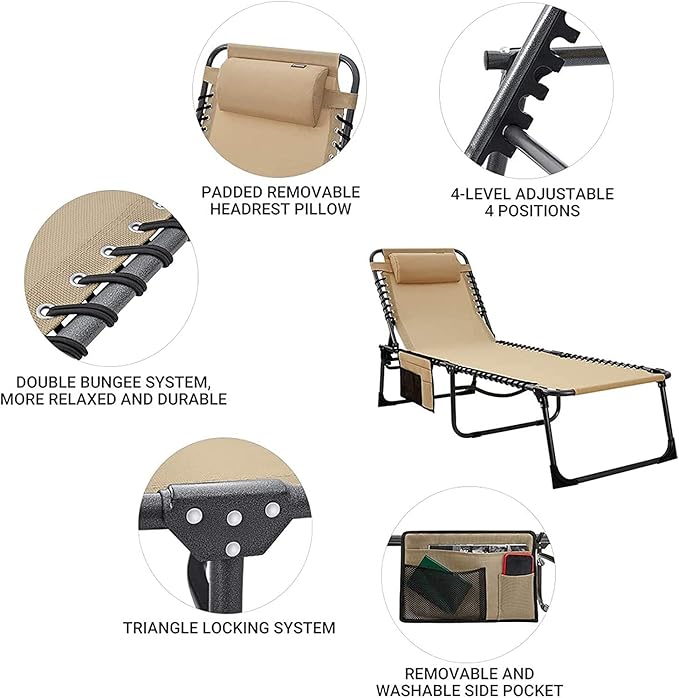 KingCamp Chaise Lounge Chairs Outdoor Foldable Patio Sun Chair for Outside Camping Sunbathing Beach Lawn Pool Garden Yard Folding Lightweight Heavy Duty Portable Adjustable Lounge with Pillow