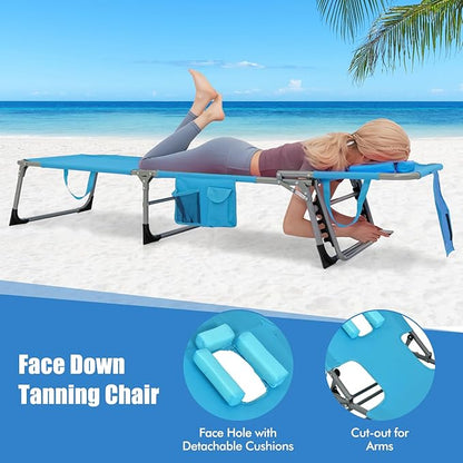 Goplus Tanning Chair, Folding Adjustable Patio Lounge Chair with Face Hole, Removable Pillow, 330LBS, Carry Strap, Outdoor Sunbathing Chair, Lightweight Portable Beach Lounge Chair, No Assembly