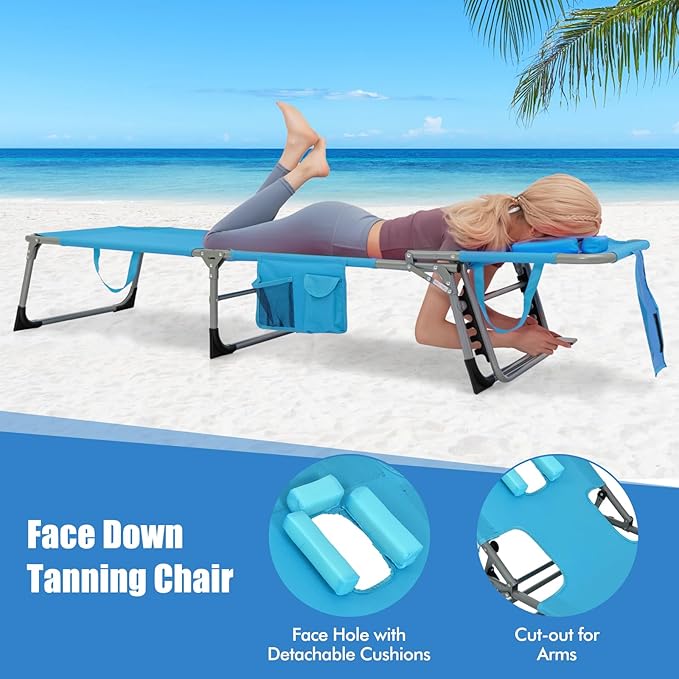 Goplus Tanning Chair, Folding Adjustable Patio Lounge Chair with Face Hole, Removable Pillow, 330LBS, Carry Strap, Outdoor Sunbathing Chair, Lightweight Portable Beach Lounge Chair, No Assembly