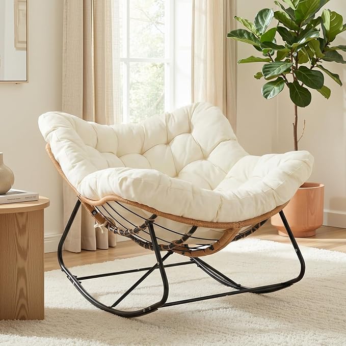 TLSUNNY Outdoor Papasan Rocking Chair, Oversized Padded Lounge Rocker with Cushion, Comfy Wicker Egg Lounge Chair, Large Indoor Rocking Recliner for Living Room/Porch/Garden (Beige)
