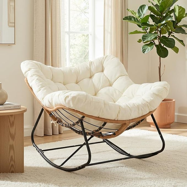 TLSUNNY Outdoor Papasan Rocking Chair, Oversized Padded Lounge Rocker with Cushion, Comfy Wicker Egg Lounge Chair - Photo 1