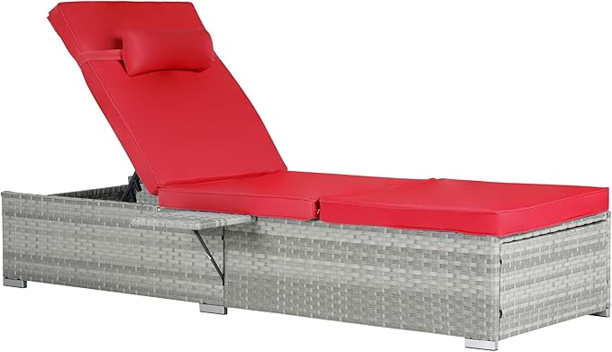Outdoor Chairs Set of 2, Wicker Patio Furniture Chaise Lounge, Pool Lounge Chairs with Adjustable Backrest, Beach Rattan Recliners for Outside Poolside, Backyard, Garden & Tanning, Red 2