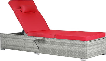 Outdoor Chairs Set of 2, Wicker Patio Furniture Chaise Lounge, Pool Lounge Chairs with Adjustable Backrest, Beach Rattan Recliners for Outside Poolside, Backyard, Garden & Tanning, Red 2