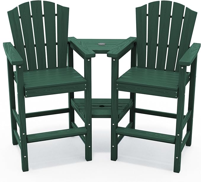 KINGYES Tall Adirondack Chair Set of 2,All Weather HDPE Bar Height Adirondack Chair with Double Connecting Trays, Outdoor Adirondack Barstools, High Airondack Chair, Balcony, Deck, Backyard, Green