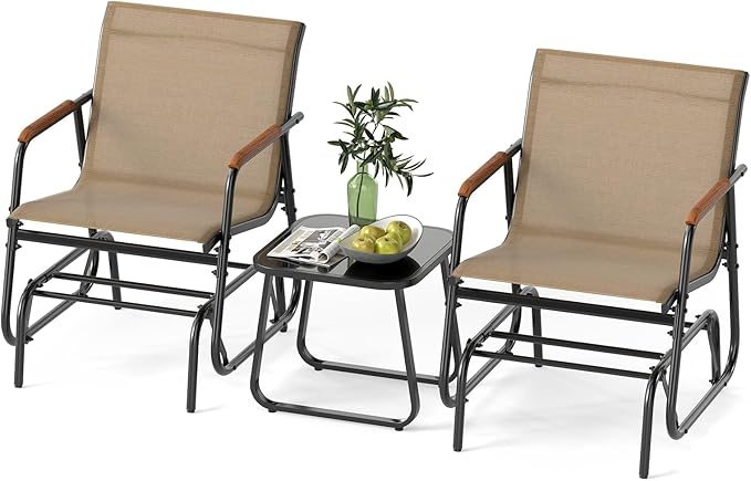 Tangkula 3 Piece Patio Bistro Glider Set, 2 Rocking Chairs w/Tempered Glass Side Table - Photo 1