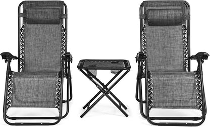 Tangkula 3 Pieces Outdoor Zero Gravity Chair Set, Folding Reclining Lounge Chair with Adjustable Backrest, Head Pillow, Matching Table with Cup Holder, Camping Recliner for Poolside, Yard (Grey)