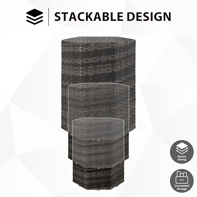 Sundale Outdoor Wicker Side Table Set of 3, Nesting Rattan Coffee End Tables for Small Spaces, Weatherproof Patio Furniture, Lightweight Indoor/Outdoor Use, Dark Grey