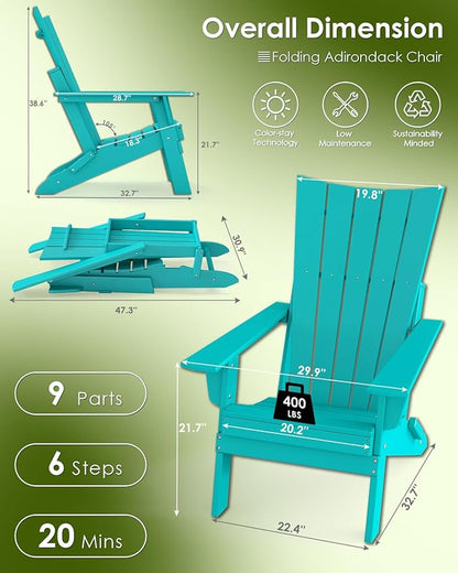 GREENVINES Folding-Adirondack-Chairs-Set-of-4 | HDPE Plastic | Arch Series | Fire Pit Chair | All Weather | for Outdoor Patio Deck Backyard Poolside | Aqua