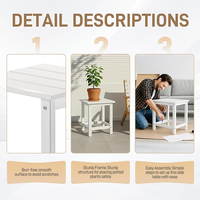 Outvita Adirondack Side Table, 14 Inch Square Outdoor End Table, HDPE Weather Resistant Coffee Table for Patio Balcony Deck Garden, White