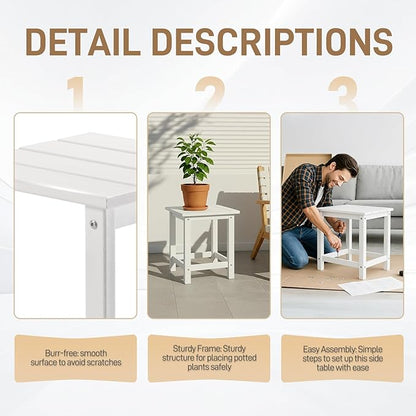 Outvita Adirondack Side Table, 14 Inch Square Outdoor End Table, HDPE Weather Resistant Coffee Table for Patio Balcony Deck Garden, White