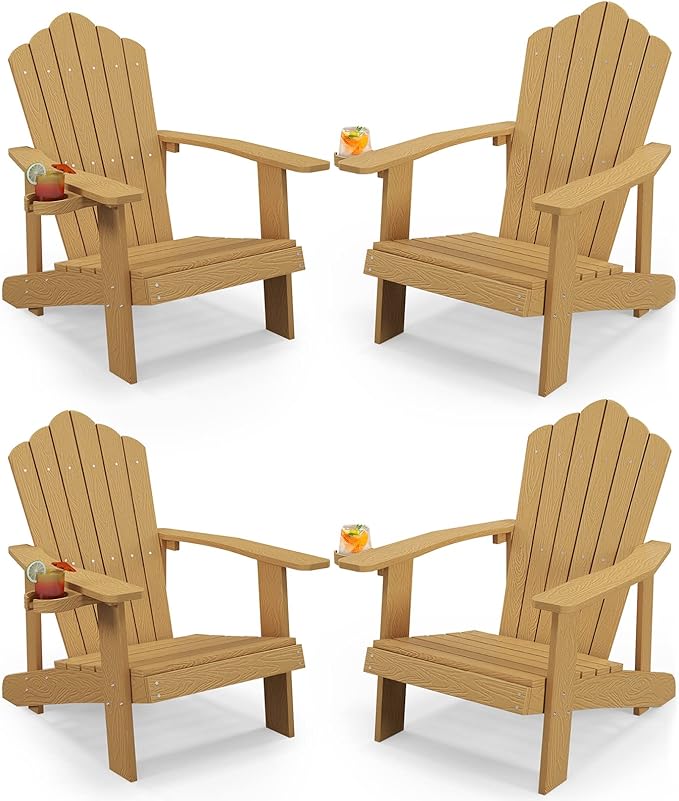 Tangkula Oversized Adirondack Chair, Patio Lounge Chairs w/Adjustable Cup Holder, HIPS Armchairs Slatted Chair, Outdoor Weather Resistant Fire Pit Chair for Deck Backyard Garden Porch (4, Teak)