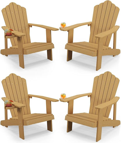 Tangkula Oversized Adirondack Chair, Patio Lounge Chairs w/Adjustable Cup Holder, HIPS Armchairs Slatted Chair, Outdoor Weather Resistant Fire Pit Chair for Deck Backyard Garden Porch (4, Teak)