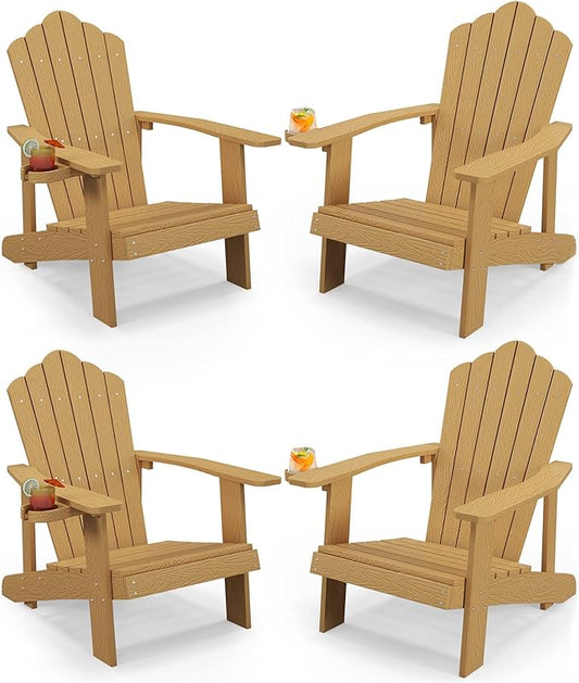 Tangkula Oversized Adirondack Chair, Patio Lounge Chairs w/Adjustable Cup Holder, HIPS Armchairs Slatted Chair, Outdoor Weather Resistant Fire Pit Chair for Deck Backyard Garden Porch (4, Teak)