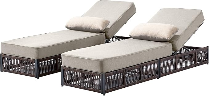 Luxury Outdoor Chaise Lounges with 5 Inch Thickened Cushions - Set of 2 High Back Brown Wicker Patio Recliners Rattan - Photo 1