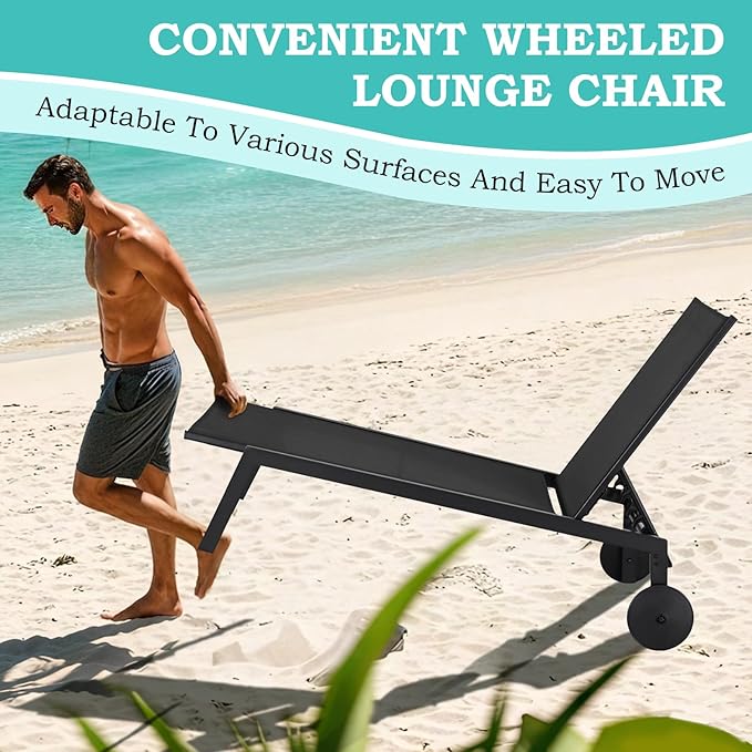 EROMMY Patio Chaise Lounge Chair Set of 2 with Wheels, Outdoor Lounge Chairs with Adjustable Backrest, Waterproof Poolside Lounge Chairs