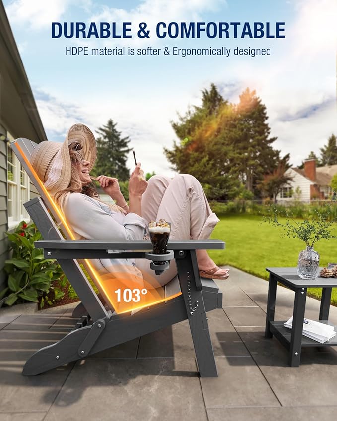 Adirondack Chair Outdoor Patio Backyard: Plastic HDPE Material with Folding - Weatherproof and UV Resistant - Ergonomic Design is Very Suitable for Family Members to Relax and Rest
