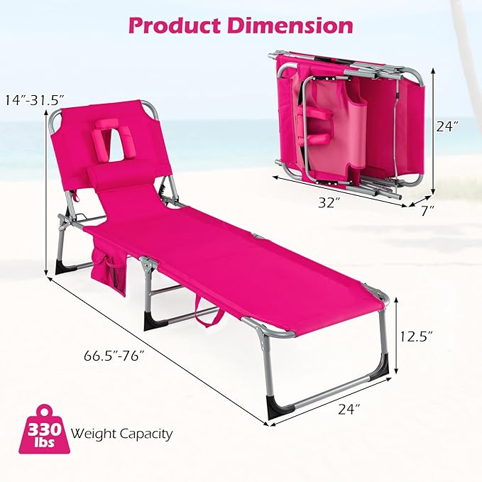 Goplus Tanning Chair, Folding Adjustable Patio Lounge Chair with Face Hole, Removable Pillow, 330LBS, Carry Strap, Outdoor Sunbathing Chair, Lightweight Portable Beach Lounge Chair, No Assembly