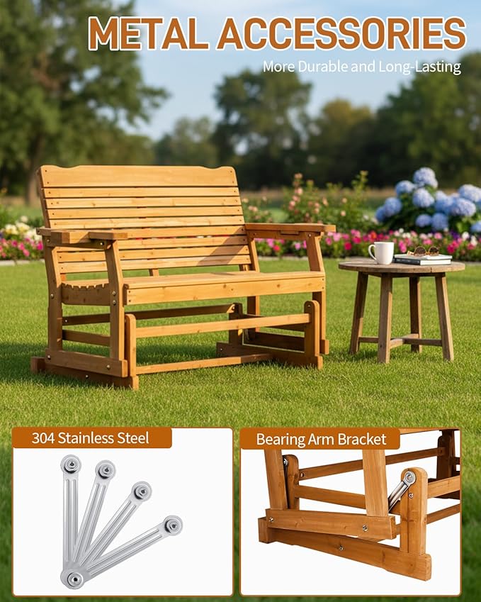 Outvita Patio Glider with Cup Holders, Wooden Outdoor Glider Bench with High Roll Back & Deep Contoured Seat, Smooth Porch Glider Loveseat Heavy Duty 800 Lbs, Teak Brown