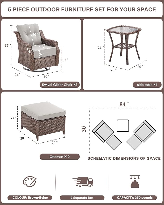 Belord 5 Piece Wicker Patio Furniture Set with Ottoman - High Back Outdoor Swivel Rocker Glider Chairs with Glass Top - Photo 2