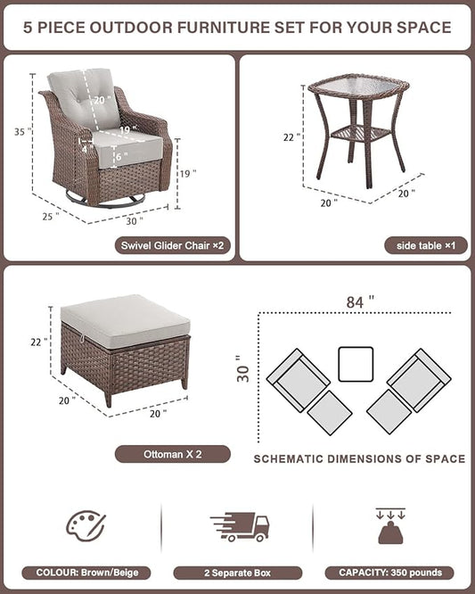 Belord 5 Piece Wicker Patio Furniture Set with Ottoman - High Back Outdoor Swivel Rocker Glider Chairs with Glass Top Side Table,28D High-Density 6" Removable Blue Cushion for Deck Porch Backyard