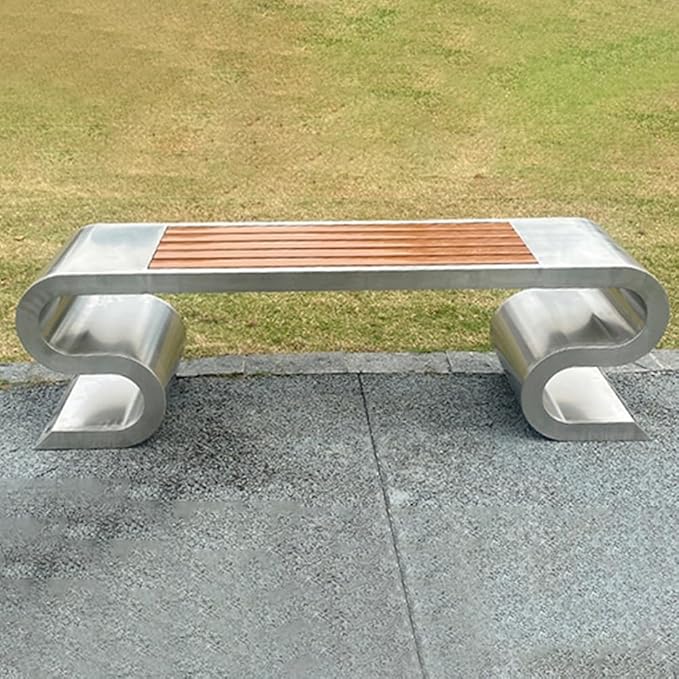 LITFAD Outdoor Indoor Bench Stainless Steel Metal Park Bench with Waterproof Brown Wood Seating Modern Garden Bench for Patio, Lawn, Yard, Porch - Type D 47" L x 16" W x 18" H