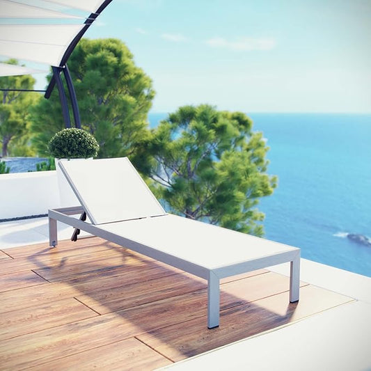 Modway Shore Aluminum Mesh Outdoor Patio Poolside Chaise Lounge Chair in Silver White