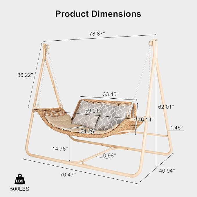 PURPLE LEAF 2 Seat Cloud Swing Chair with Stand and 12 LED Lights Patio Wicker Hanging Swinging for Indoor Backyard Garden Outdoor Hammock Porch Swing, Cushion and Pillows Included