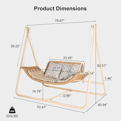 PURPLE LEAF 2 Seat Cloud Swing Chair with Stand Patio Wicker Bench Glider Loveseat Hanging Swinging for Indoor Outside Backyard Garden Outdoor Hammock Porch Swing, Cushion and Pillows Included
