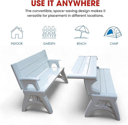 Convert-a-Bench 2-in-1 Outdoor Bench & Picnic Table - Foldable, Weather-Resistant Seating - Perfect for Patio, Lawn, Garden, or Deck - Durable Construction, Easy Assembly - 1 Bench/Order, White