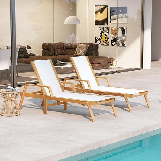 Tangkula Outdoor Wood Chaise Lounge Chair, Patio Sun Lounger with Adjustable Back, Eucalyptus Wood Lounge Chair with Breathable Fabric for Poolside Lawn Backyard (2, 75.5 inches)