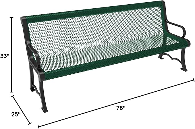 COATEDOUTDOORFURNITURE Heavy-Duty Outdoor Bench Thermoplastic Coated, Expanded Metal, Commercial-Grade Garden Bench, Made in America (Portable with Back, 6 Ft, Textured Dark Green)