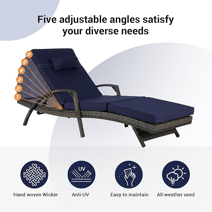 KEIKI Wicker Outdoor Chaise Lounge Chairs Set of 2 for Patio & Pool Side with 5-Level Adjustable Backrest and Cushions - Photo 4