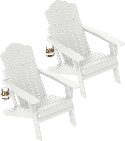 FOOWIN HDPE Adjustable Adirondack Chair Set of 2, 400lbs Heavy Duty Folding Patio Chairs with Cup Holder, 3-Position Reclining Fire Pit Seating, All-Weather Poly Lumber for Backyard, Deck - White
