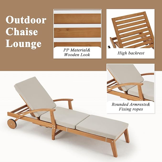 HOMREST Wood Chaise Lounge Recliner, 83x23in Patio Chaise Lounger Recliner with Slide-Out Side Table & Cup Holder, Foam-Padded Cushion, Adjustable Backrest, Wheels (Beige)