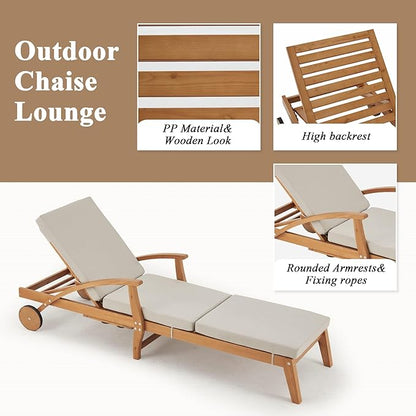 HOMREST Wood Chaise Lounge Recliner, 83x23in Patio Chaise Lounger Recliner with Slide-Out Side Table & Cup Holder, Foam-Padded Cushion, Adjustable Backrest, Wheels (Beige)