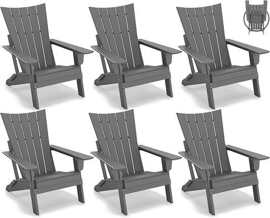 GREENVINES Folding-Adirondack-Chairs-Set-of-6 | HDPE Plastic | Arch Series | Fire Pit Chair | All Weather | for Outdoor Patio Deck Backyard Poolside | Grey