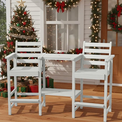 Tall Adirondack Chairs Set of 2, Bar Height HDPE Outdoor Chairs with Connecting Tray & Umbrella Hole, Balcony Patio Adirondack Chairs for Deck, Garden, Lawn (White)
