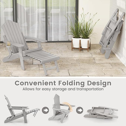 Giantex Folding Adirondack Chair, All-Weather Lounge Chair with Adjustable Backrest, Retractable Ottoman, Cup Holder, HIPS Fire Pit Chair for Lawn, Pool, Patio, Porch (1, Gray)