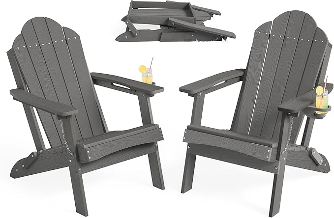 LUE BONA Folding Adirondack Chair, Chairs Set of 6, Cup Holder, Woodgrain, Fire Pit, Patio, Pool, Dark Grey - Photo 7