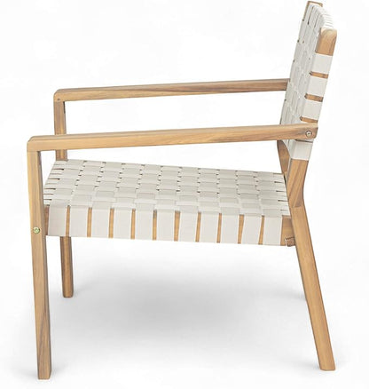 Merax Patio Furniture Acacia Wood Armchair Set of 2, 2 Pieces Woven Rope Outdoor Lounge Chair, Deep Seating Porch Chairs for Garden, Backyard Porch Balcony, Light Teak Finish & White