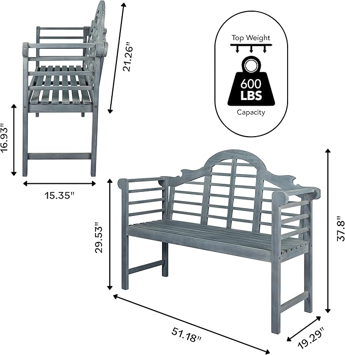 Eyely HNB103B Lucy 51.2" 3-Seat Arched 600-Lbs Support Acacia Wood Outdoor Garden Patio Bench for Garden, Lawn, Backyard, Pool, Deck, Beach, Firepit, Gray