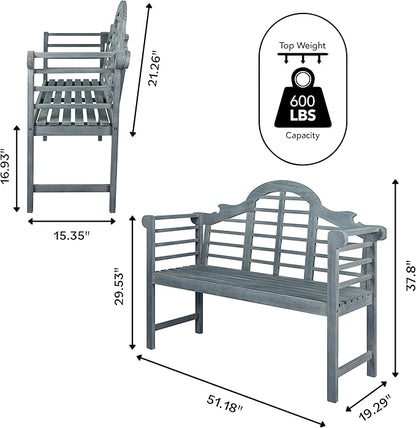 Eyely HNB103B Lucy 51.2" 3-Seat Arched 600-Lbs Support Acacia Wood Outdoor Garden Patio Bench for Garden, Lawn, Backyard, Pool, Deck, Beach, Firepit, Gray