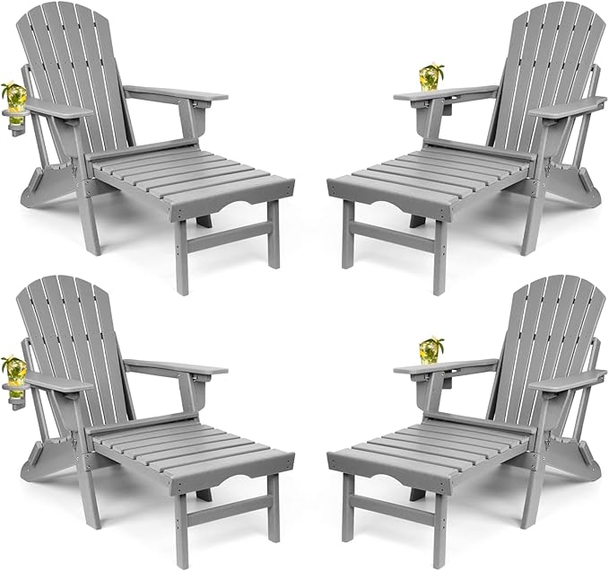 FUNBERRY Adjustable Folding Adirondack Chairs Set of 4 with Retractable Ottoman, All Weather Fire Pit Chairs with Cup Holder