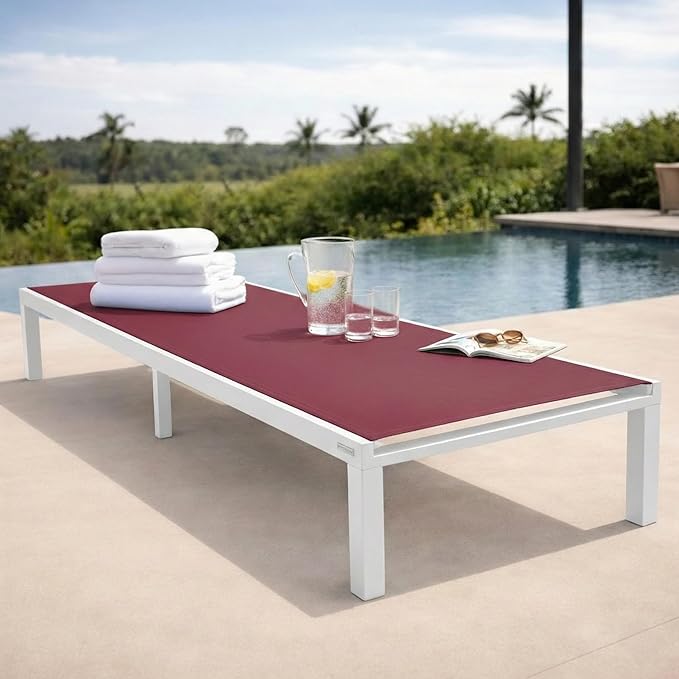 LeisureMod Marlin Aluminum Outdoor Chaise Lounge Chair - Mesh Sling Fabric Seat White Aluminum Frame Beach, Pool Lounge Chair for Modern Patio Lawn, Garden and Backyard (Burgundy)