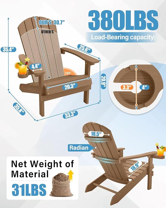 YEFU Adirondack Chair Weather Resistant: Outdoor Chair HIPS Plastic Adirondack Chairs - Patio Chairs with Cup Holder & - Photo 3