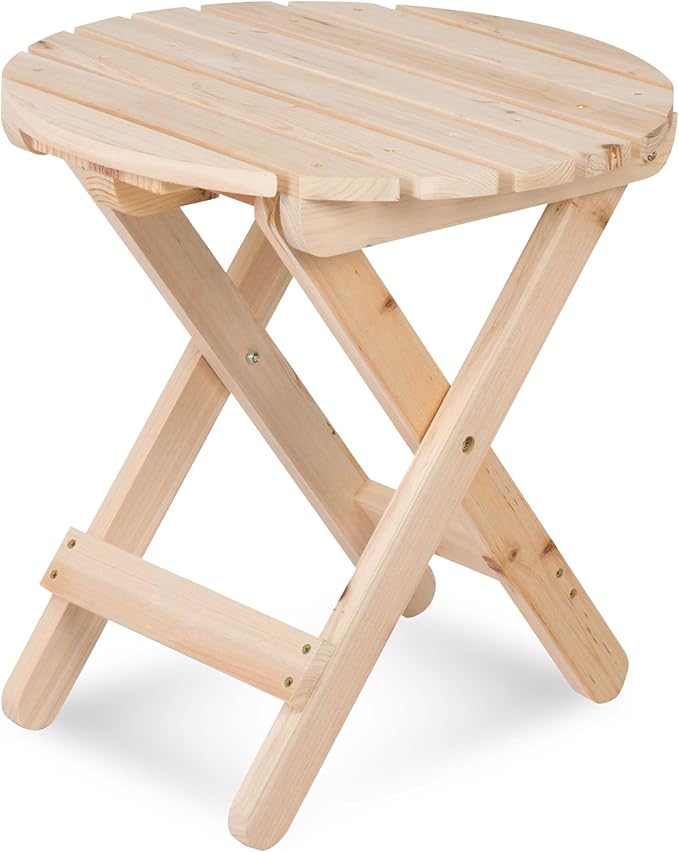 Shine Company Round Wooden Folding Solid Wood Side Table, Outdoor Adirondack Small Patio Table, Natural