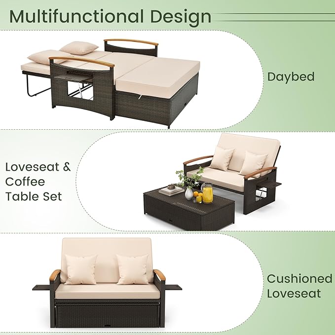 Tangkula Patio Rattan Daybed with 4-Level Adjustable Backrest, Outdoor Wicker Loveseat with Acacia Wood Armrest - Photo 6